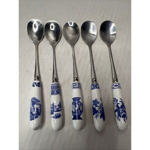 Spode Blue Italian Stainless Steel Teaspoons with Porcelain Handles, Set of 5
